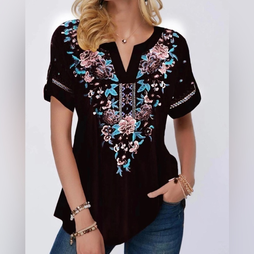 Pullovers Blouse shirt Boho Print flowers Splice Women's Tops V-neck Loose XL